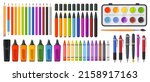 Colored pencils, crayons. markers, pens, ink quill, paint and brush for art school or office. Writing, drawing and crafting colorful tools for kids vector set