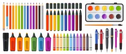 Colored Pencils, Crayons. Markers, Pens, Ink Quill, Paint And Brush For Art School Or Office. Writing, Drawing And Crafting Colorful Tools For Kids Vector Set
