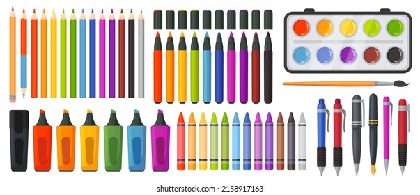 Colored pencils, crayons. markers, pens, ink quill, paint and brush for art school or office. Writing, drawing and crafting colorful tools for kids vector set