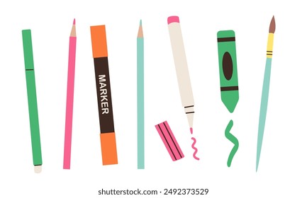 Colored pencils, crayons. markers, pens, ink quill, paint and brush for art school or office. Writing, drawing and crafting colorful tools for kids vector set flat illustration isolate on white .