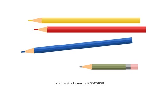 Colored pencils for creativity. Set of wooden pencils and simple pencil with eraser. Stationery isolated on white background. Office stationery tool collection. Flat vector illustration.