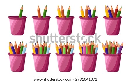 Colored pencils in a cup, counting pencils from one to ten for children's development. Vector illustration isolated on white background.