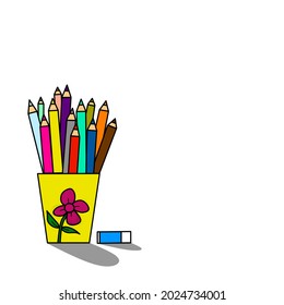 Colored Pencils in the Cup and Ruber Eraser Icon