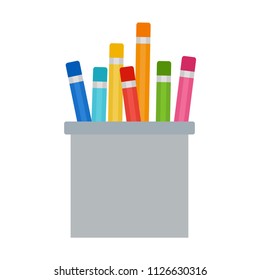 Colored pencils in a cup vector flat material design isolated on white