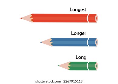 Colored pencils of different lengths, isolated on white background. Educational card, blank. Comparison of pencils - long, longer, longest. Learning English and words. Flat vector illustration