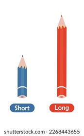 Colored pencils of different lengths, isolated on white background. Educational card, blank. Comparison of pencils - long and short. Learning english and words. Vertical banner. vector illustration