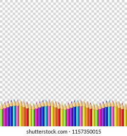 Colored pencils down line in shape of wave, multicolored border frame with empty copy space for text isolated on transparent background. Creative back to school, teacher's day  template, clip art.