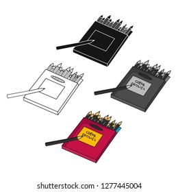 Colored pencils for drawing in box icon in cartoon style isolated on white background. Artist and drawing symbol stock vector illustration.
