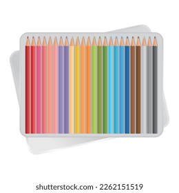 Colored pencils drawing tools vector illustration on white background. 24 colored pencils are red, pink, blue, green, purple..in box. School supplies and painting tool.