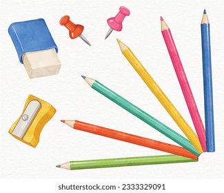 Lápices de colores y herramientas de dibujo conjunto de elementos de acuarela. lápices de colores, un afilador y un borrador. educación infantil y concepto escolar