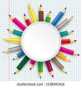 Colored pencils with emblem on the checked background. Eps 10 vector file.