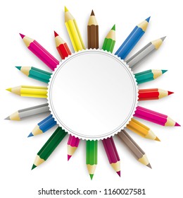 Colored pencils with emblem on the white background. Eps 10 vector file.