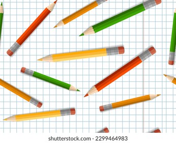 Colored pencils with an eraser, school supplies, stationery, a checkered notebook. The concept of schooling, back to school, first time to school. Seamless pattern