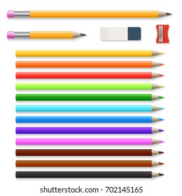 Colored pencils, eraser and sharpener isolated on white vector set. Colored pencils and eraser, school tools crayons illustration