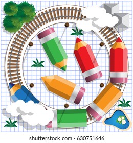 Colored pencils in the form of a train. View from above. Vector illustration.