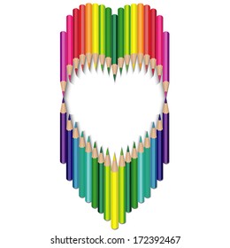 Colored pencils frame  heart shaped with copy space for text isolated on white background
