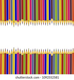 Colored pencils frame isolated on white background. Template for text. Used clipping mask, isolated elements. Hand drawn vector illustration.