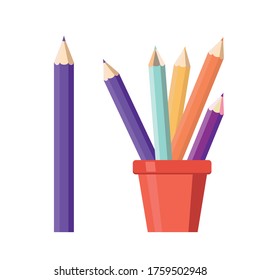 Colored pencils in a glass for drawing. Flat vector illustration isolated on white background. Pencils for children, art studio, stationery store, school. For banner, poster, business card.