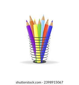 Colored pencils in a glass for office. Flat vector illustration isolated on white background