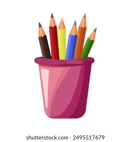 Colored pencils in a glass for office, school, study. Pink glass. Flat vector illustration isolated on white background