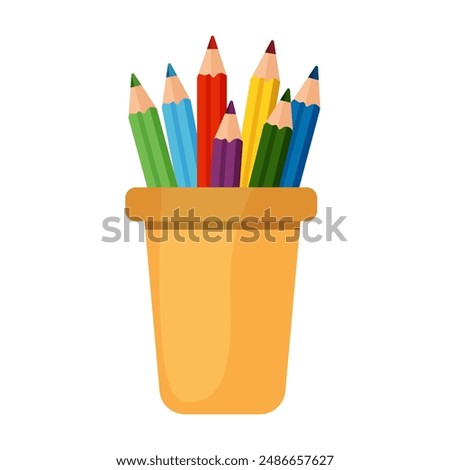 Colored pencils in a glass for office, school, study. Yellow glass. Flat vector illustration isolated on white background