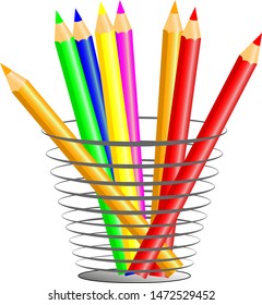 Colored pencils in a glass for office. Vector illustration isolated on background.