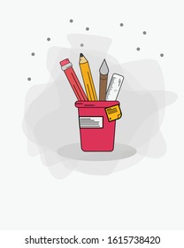 Colored pencils in a glass for office. Vector illustration isolated on white background.