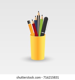 Colored pencils in a glass for office. Vector illustration isolated on white background.