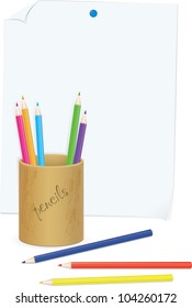 colored pencils, glass, paper, isolated on a white background, v