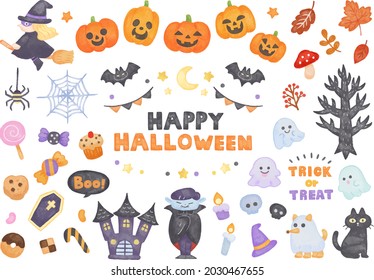 
Colored pencils, hand-painted style, colorful and cute Halloween illustration set, for invitations and website materials