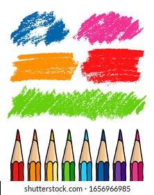 Colored pencils with hatch strokes set hand drawn vector doodle illustration. Crayons collection isolated over white background.