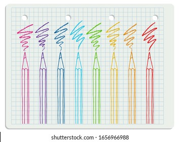 Colored pencils with hatch strokes set hand drawn vector doodle illustration. Crayons collection over chequered notepad page.