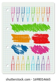 Lápices de colores con trazos de escotilla dibujados a mano ilustración de doodle vectorial. Colección Crayons sobre la página de cartón a cuadros.
