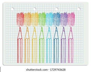 Colored pencils with hatch strokes set hand drawn vector doodle illustration. Crayons collection over chequered notepad page.
