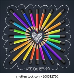 Colored pencils, heart shape, vector Eps10 illustration.
