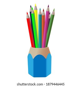 Lápices de colores en un soporte aislado en un fondo blanco. Ilustración vectorial.