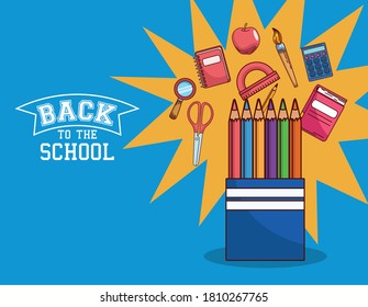 colored pencils with icon set design, Back to school eduacation class and lesson theme Vector illustration