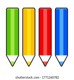 Colored pencils icon set. Red, yellow, green, blue.1,2,3,4. Vector isolated illustration.