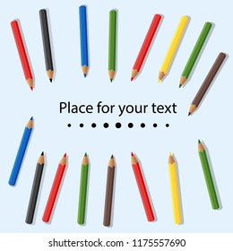 Colored pencils isolated on light background. Place for text. Baby colorful colored pencils. Vector illustration.