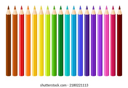 Colored pencils isolated on white background. Crayons set, back to school. Collection of 18 colorful realistic pencils. Vector illustration