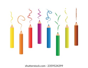 Farbige Stifte einzeln auf weißem Hintergrund. Satz von regenbogenvektorfarbenen Stiften, die bunte Linien zeichnen. Kinder SchulSchreibstifte. Farbige Holzstifte