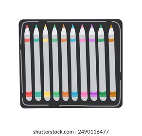 Colored pencils kit in case. Colored drawing and painting tools in open box, package. Artist or school stationery, accessories. Flat vector illustration isolated on white background