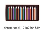 Colored pencils kit in case. Multicolored art supplies. Coloured drawing and painting tools in open box, package. Artist stationery, accessories. Flat vector illustration isolated on white background