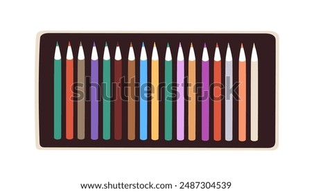 Colored pencils kit in case. Multicolored art supplies. Coloured drawing and painting tools in open box, package. Artist stationery, accessories. Flat vector illustration isolated on white background