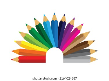 Colored Pencils Laying in Row on White Background, Crayons colorful , vector illustration.