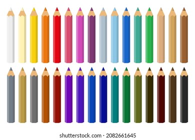 Colored pencils laying in row. Set of crayons for illustrations, studying, art, for school stuff. Vector in flat design