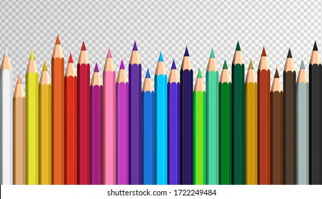 Colored pencils laying in row. Wave line made by pencil tips. Set of crayons for illustrations, art, studying. Ready for school stuff.