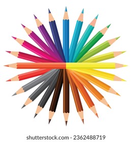 Lápices de colores alineados sobre un círculo, conjunto de lápiz de colores arcoiris, ilustración de papel infantil	