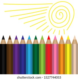 Colored pencils lined up on top hand drawn sun