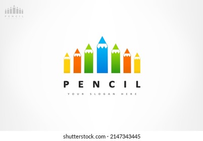 Colored pencils logo. Stationery design. Education vector.
